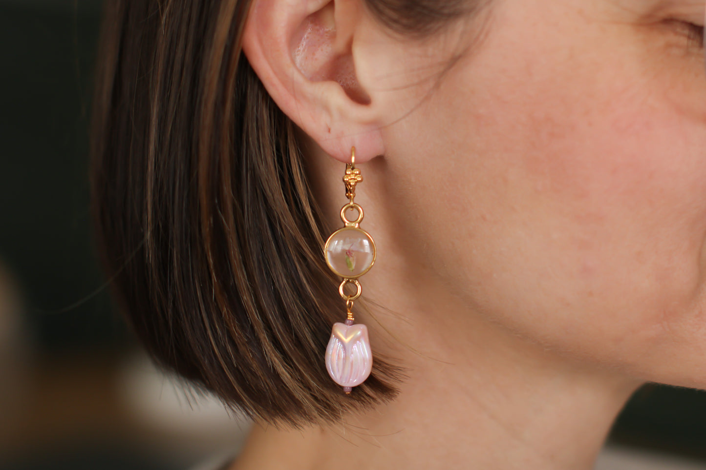 Gold and Purple Dangle Floral Tulip Earrings | Handmade Dried Flower and Resin Earrings