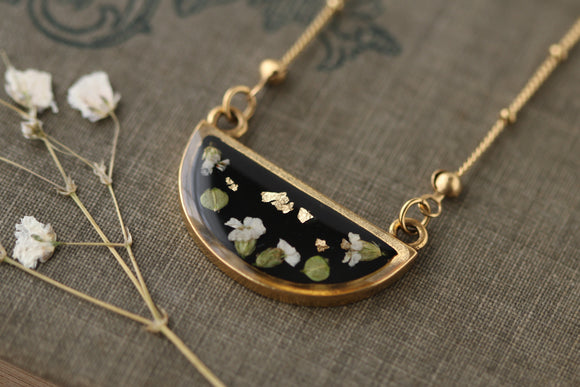 Dried Plants Black and Gold Half Moon Necklace