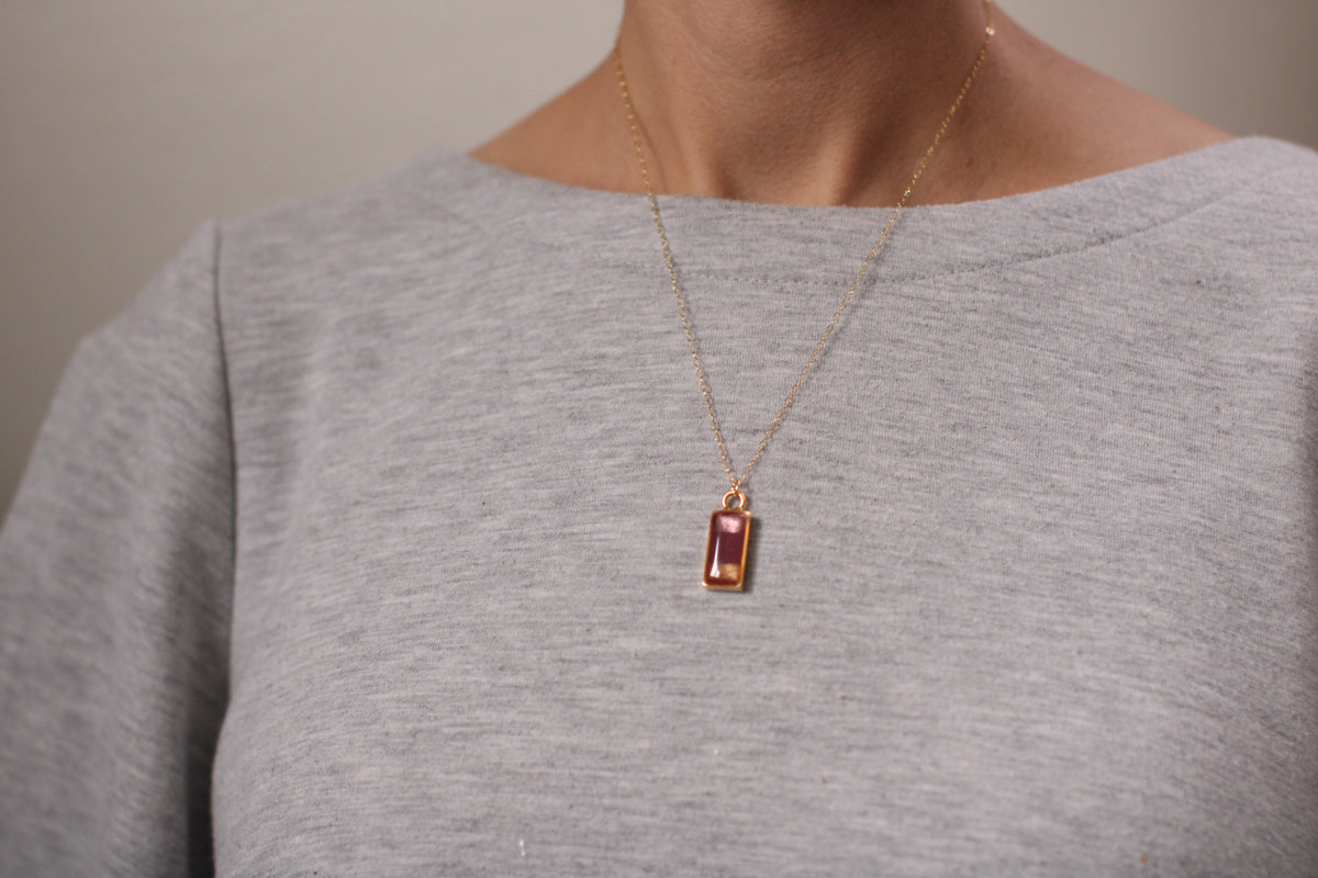 Burgundy and Gold Sunset Shimmer Necklace | Handmade Resin Rectangle Necklace