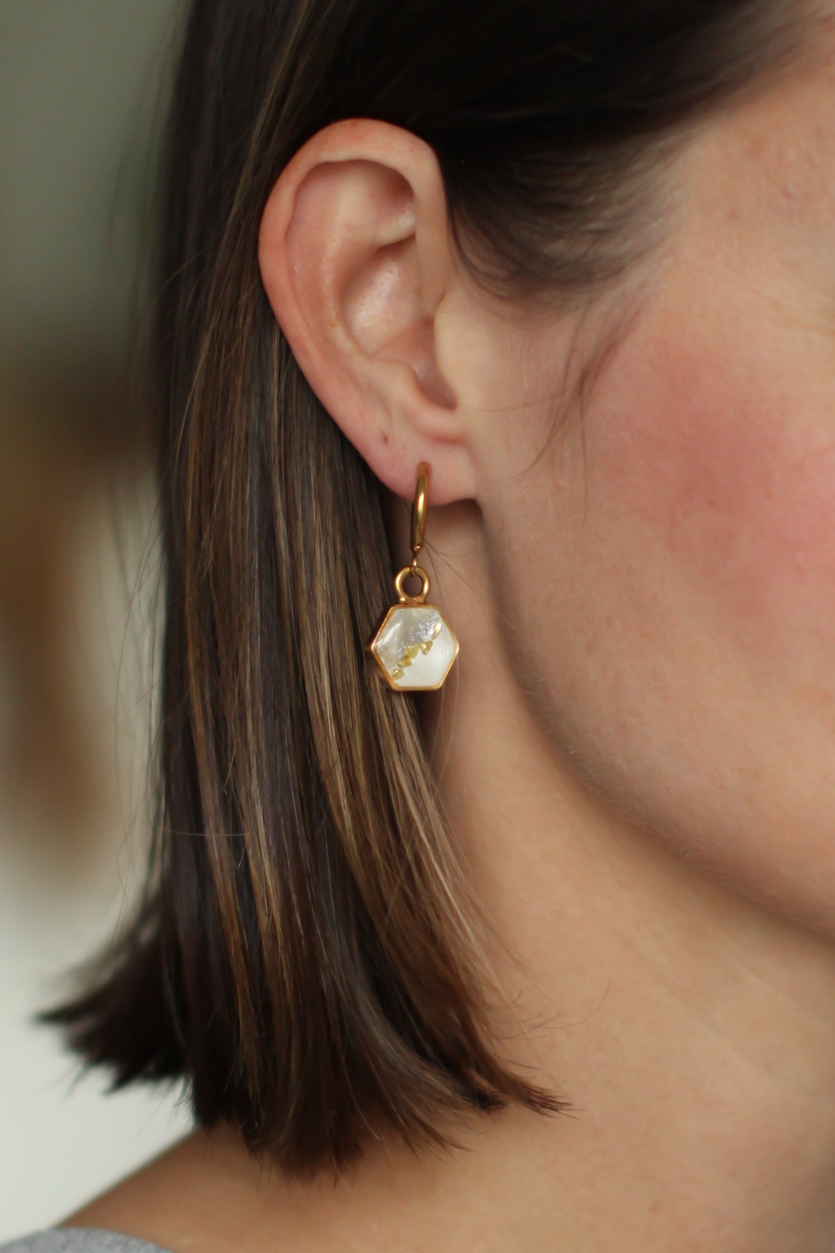Gold Hexagon Shimmer Two Tone Hoop Earrings
