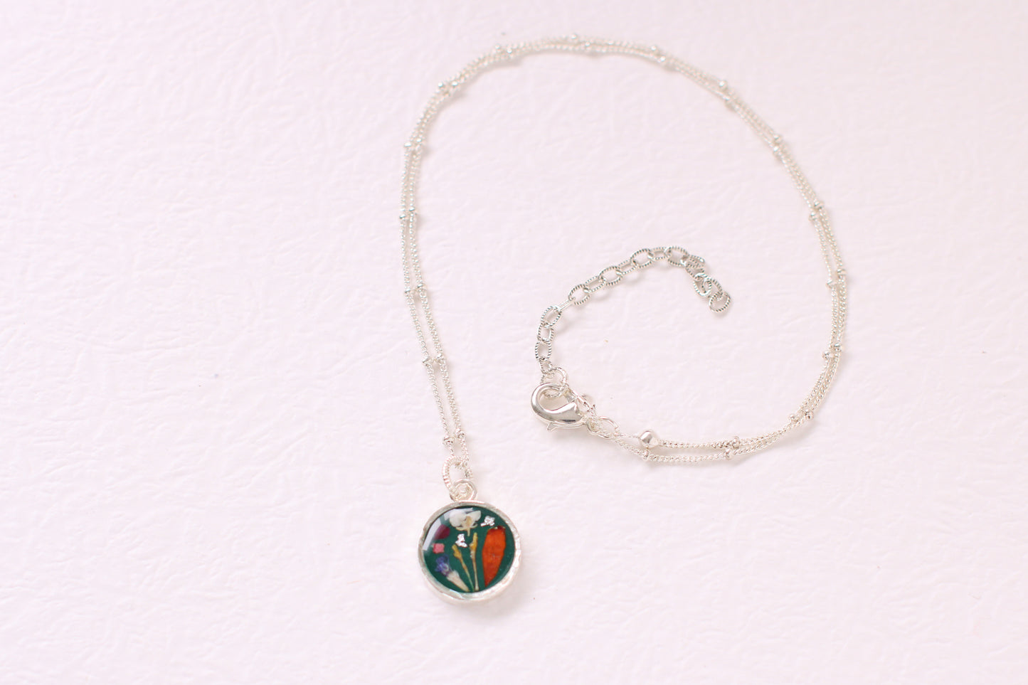 Green and Silver Botanical Floral Circle Necklace | Handmade Resin and Flower Necklace
