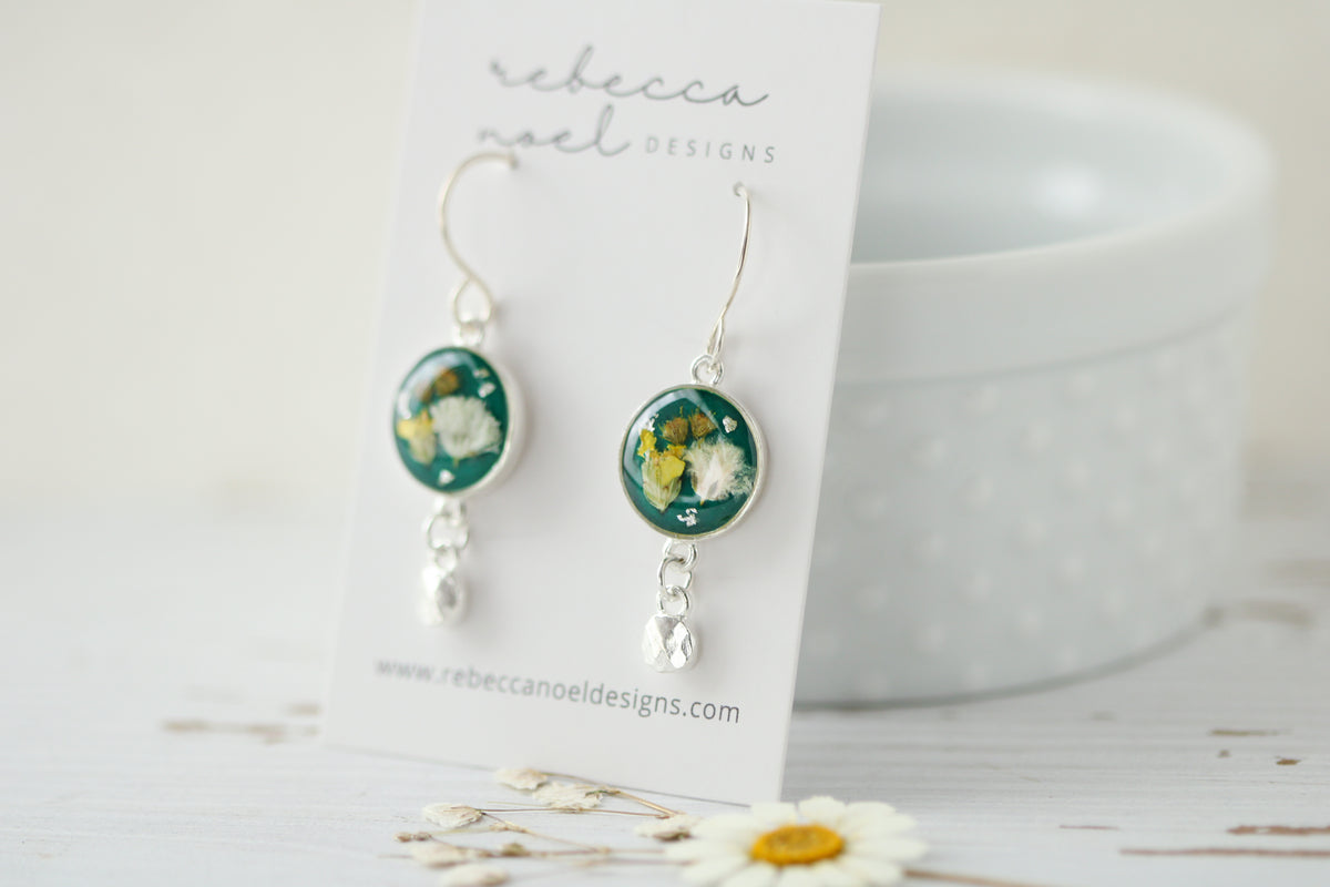 Silver and Dark Green Circle Dangle Earrings with Yellow Flowers