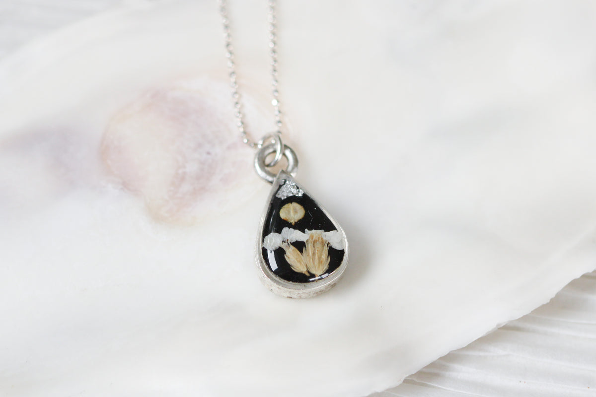 Black And Silver Botanical Teardrop Necklace