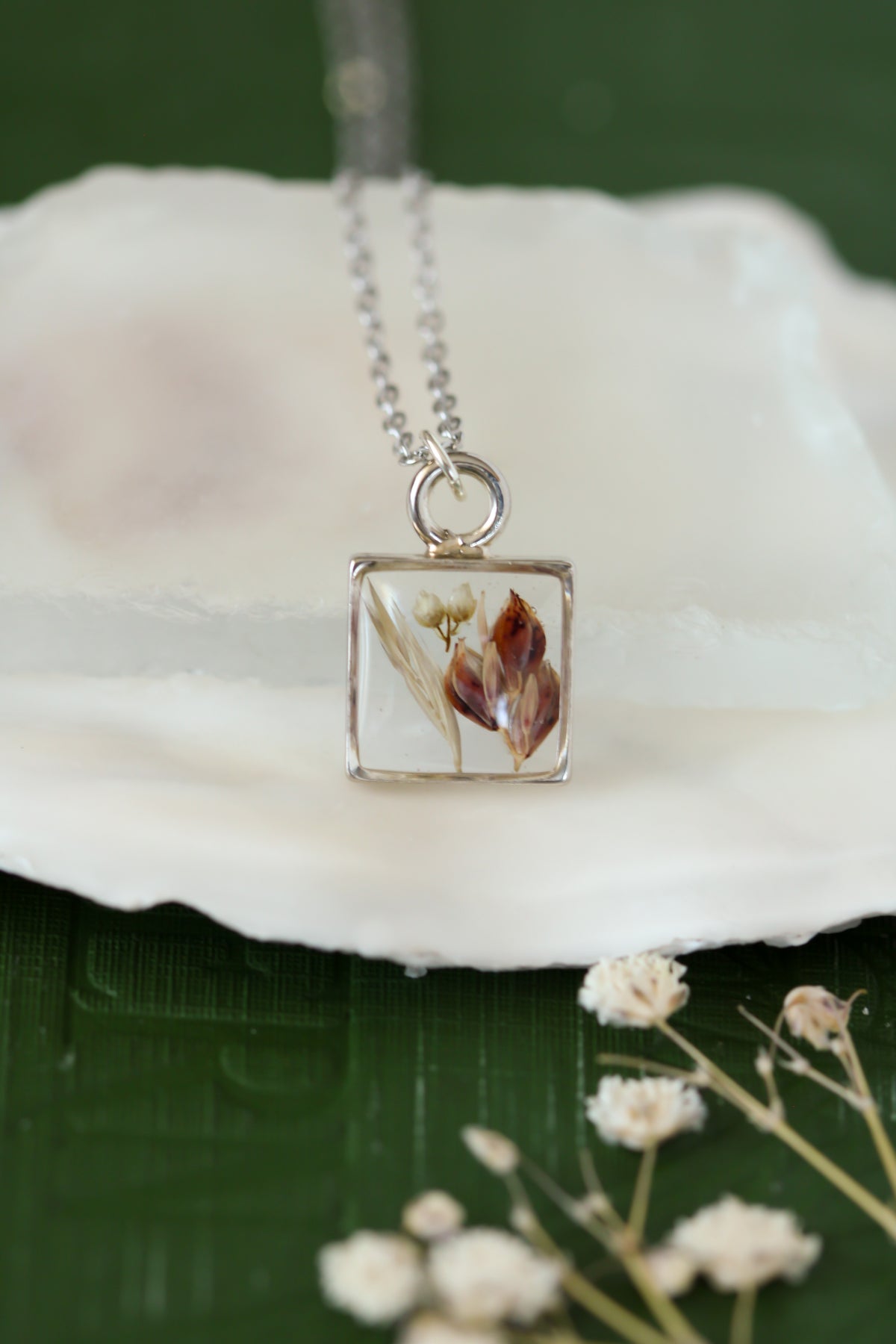 Silver Mini Square Necklace with Grains and Flowers