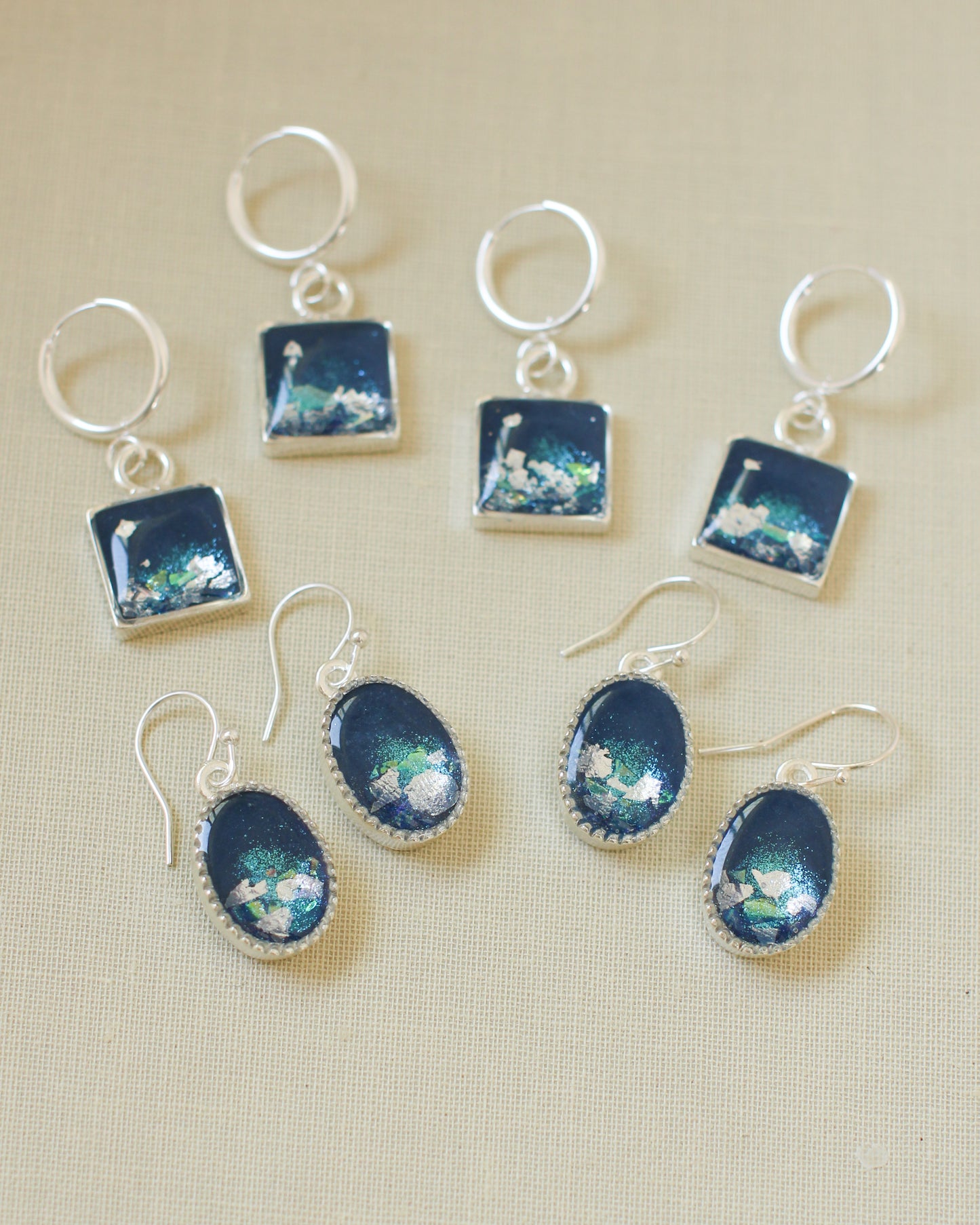 resin and clay blue and silver earrings
