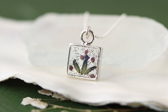 Lavender and Flower Buds Silver Mini Square Necklace