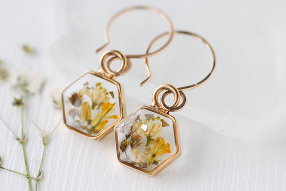 Yellow Wildflowers Gold Hexagon Earrings