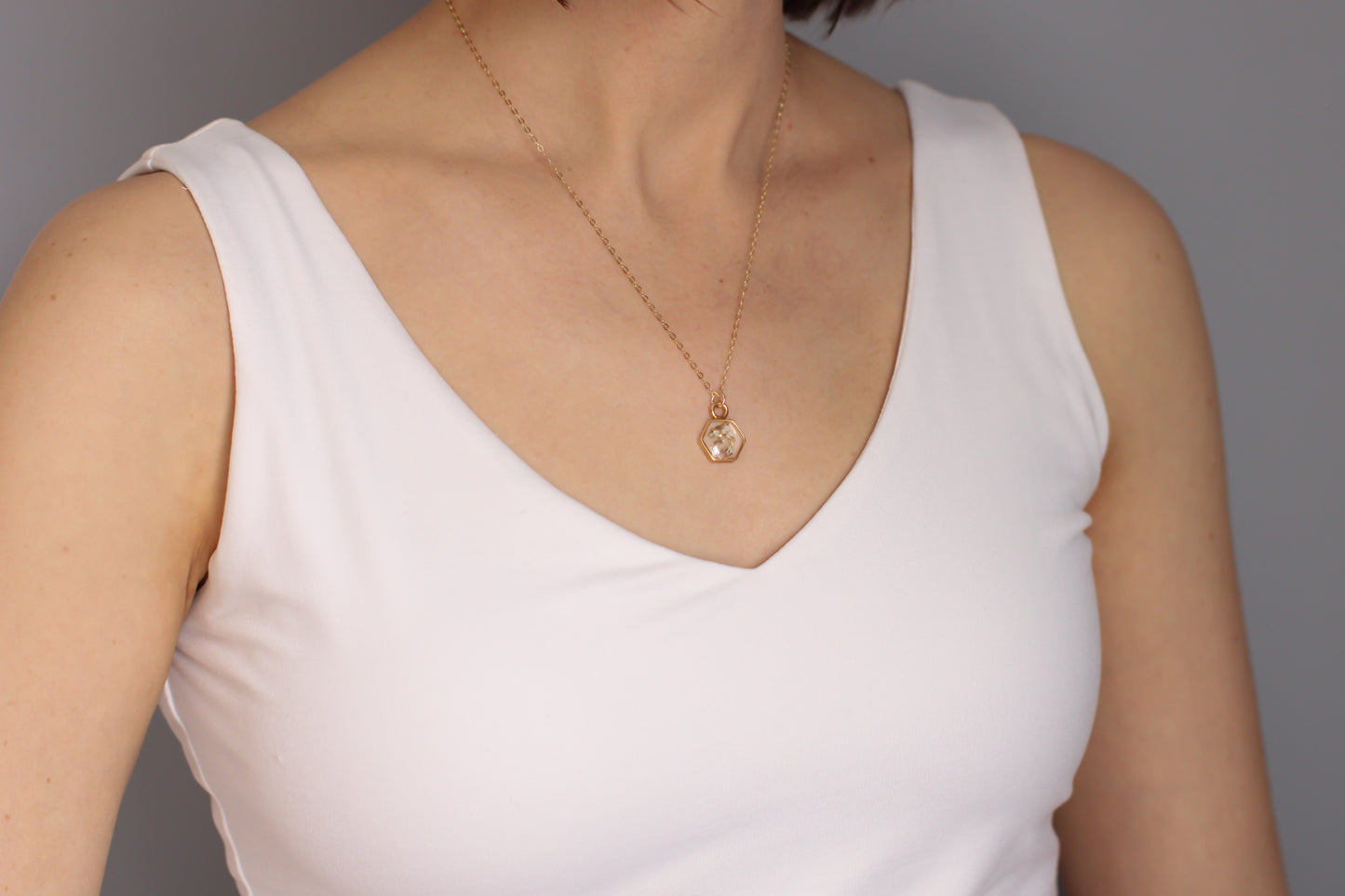 custom small handmade resin and dried flowers necklace in gold