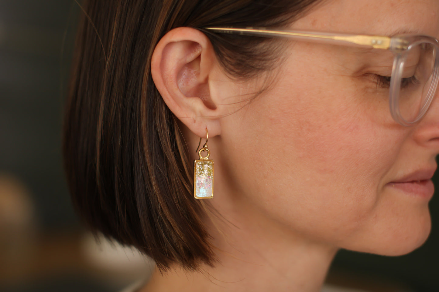 Gold Glittery Rectangle Dangle Earrings with Butterflies | Handmade Resin and Clay Ethereal Earrings
