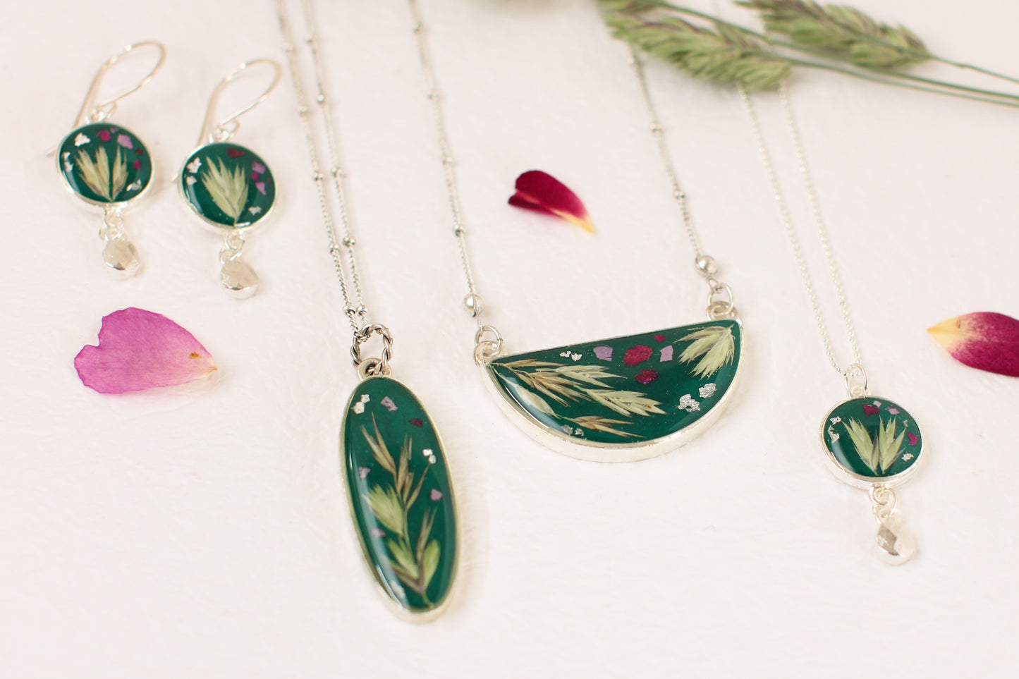 Dark Green and Silver Botanical Necklace with Dangle