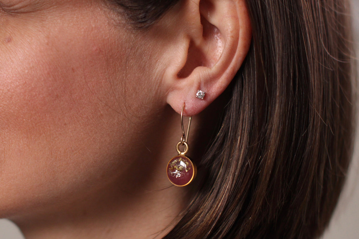 Burgundy and Gold Glitter Circle Dangle Earrings | Handmade Resin and Clay Earrings