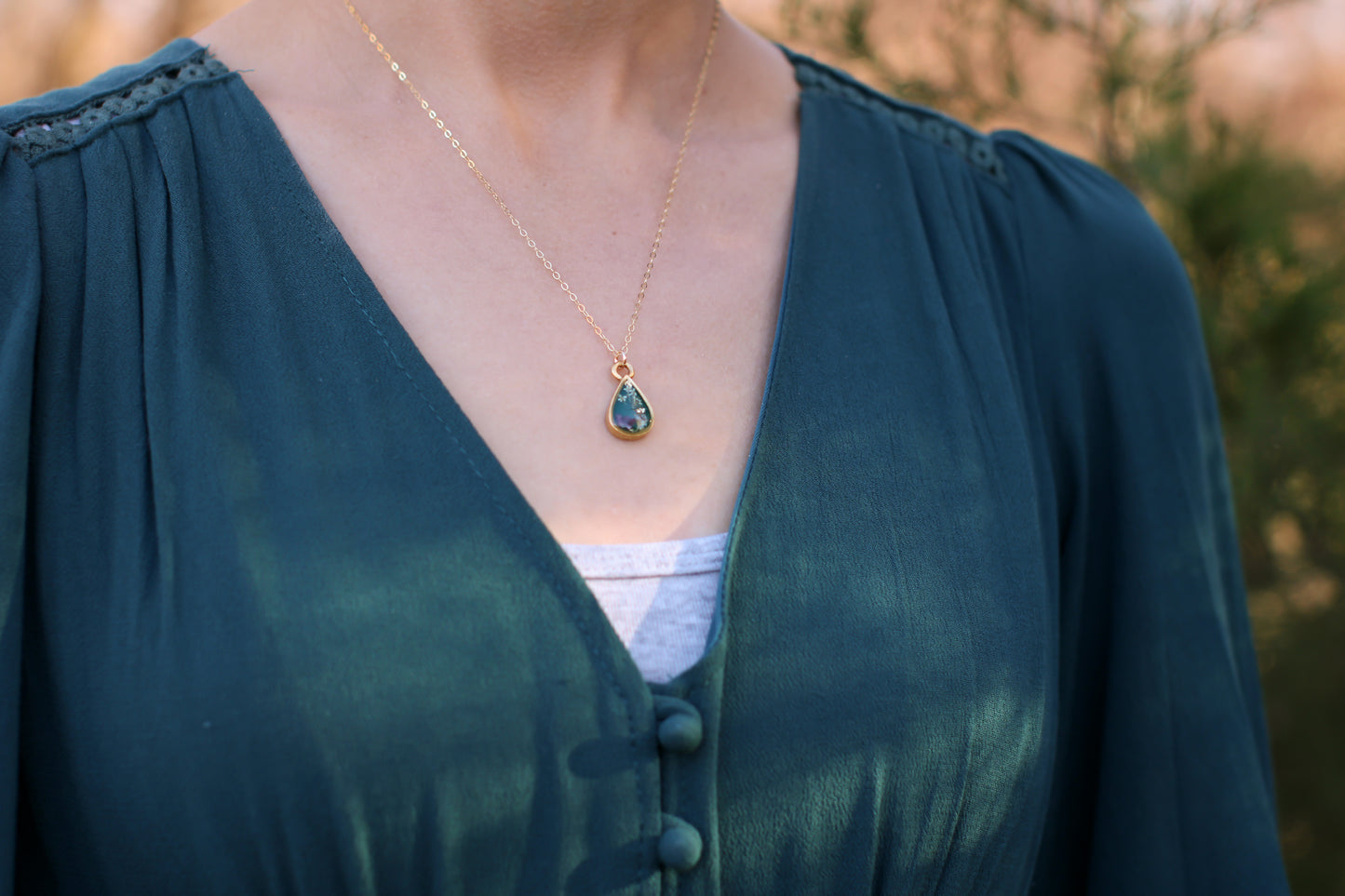 custom small handmade resin and dried flowers necklace in gold