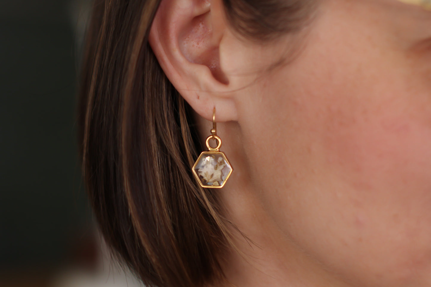 Gold Mini Hexagon Earrings with White Flowers