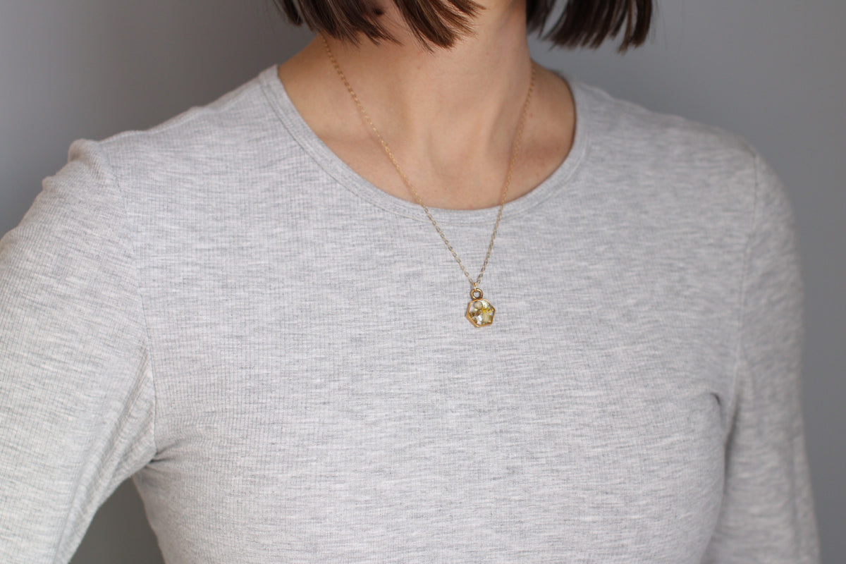 Mixed Yellow Flowers Gold Hexagon Mini Charm Necklace
