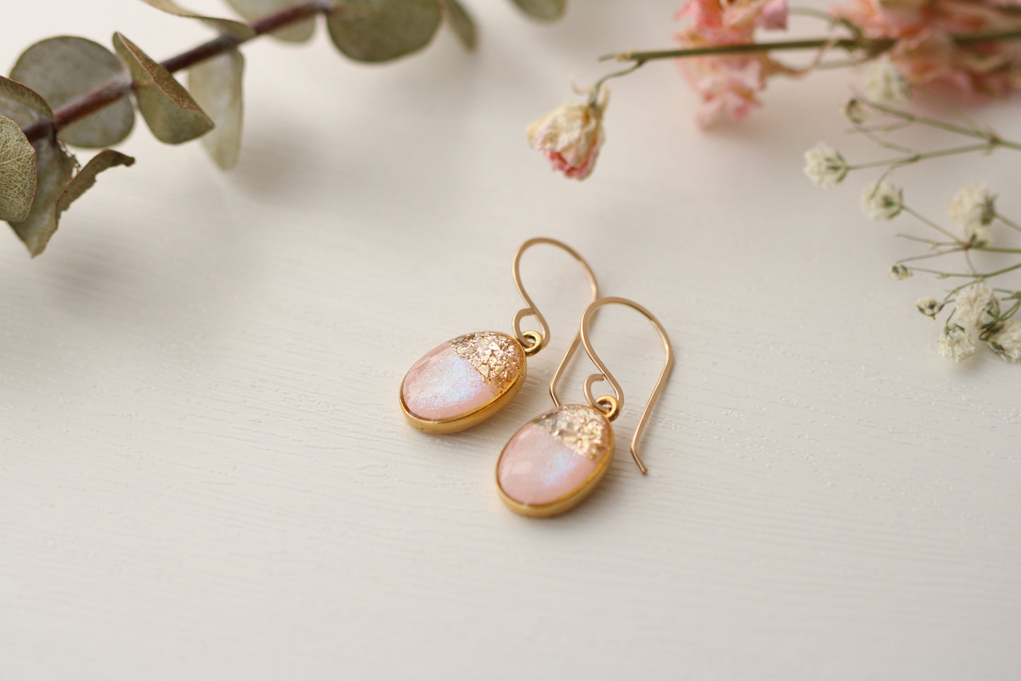 Gold and Pink Glitter Oval Dangle Earrings | Handmade Resin and Clay Earrings