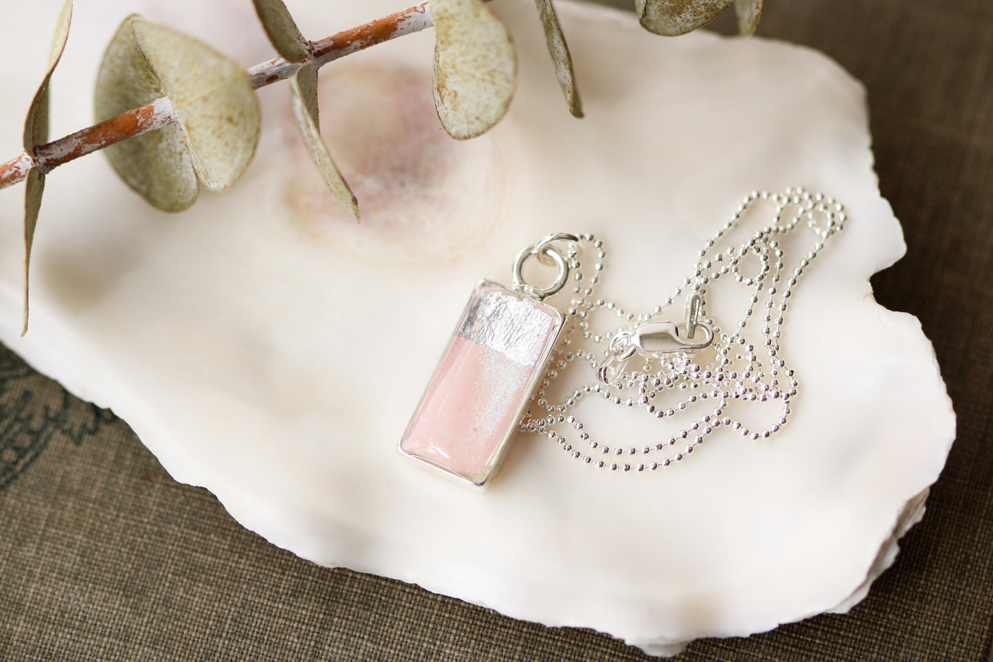 Silver and Pink Shimmer Rectangle Charm Necklace | Handmade Resin and Clay Necklace