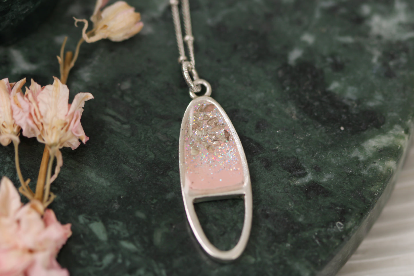 Silver and Pink Glitter Statement Oval Necklace | Handmade Resin and Clay Necklace
