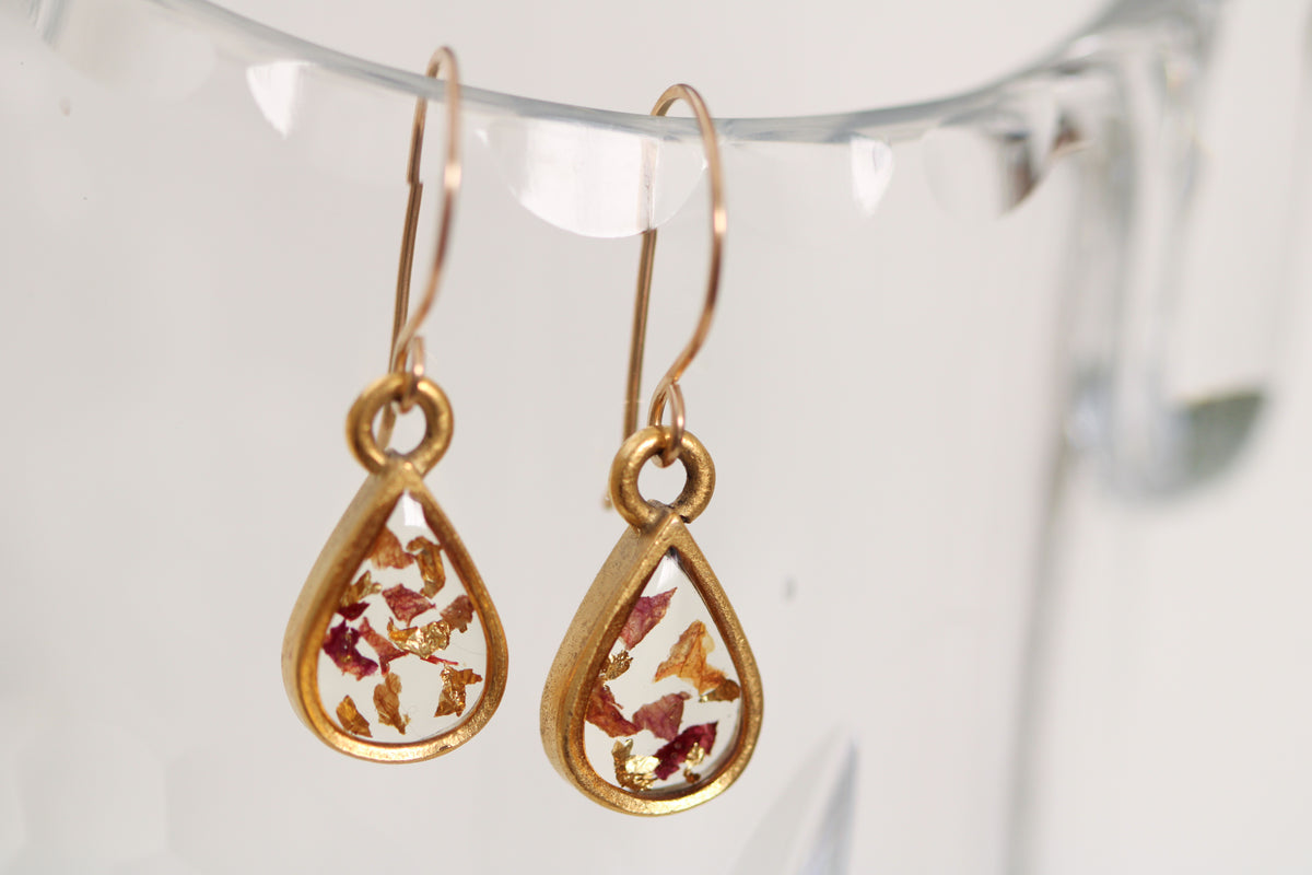 Dried Rose Petal Teardrop Earrings in Gold
