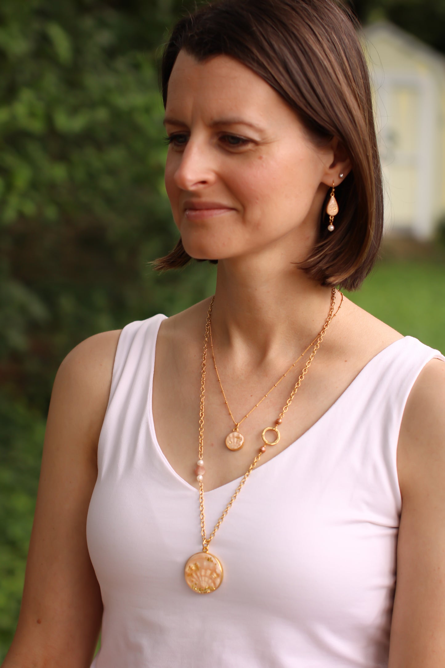 Gold Shell Statement Necklace | Handmade Clay and Resin Champagne Pink Shell Necklace