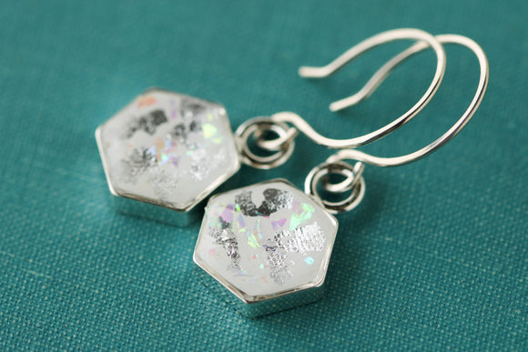 Mini Hexagon Silver Shimmer Earrings