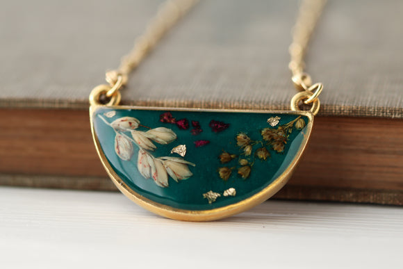 Dark Green Meadows Half Moon Necklace in Gold with Flowers