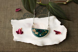 Dark Green Meadows Half Moon Necklace in Silver with Flowers