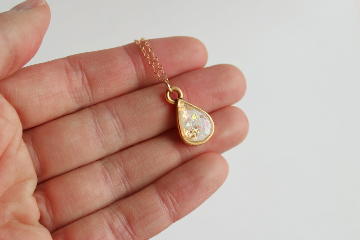 Gold Opalescent Teardrop Necklace | Handmade Clay and Resin Necklace