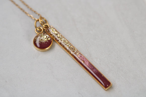 Gold and Burgundy Long Sparkly Bar Necklace