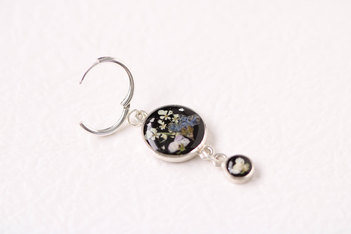 Black and Silver Floral Drop Earrings | Handmade Resin and Flower Earrings
