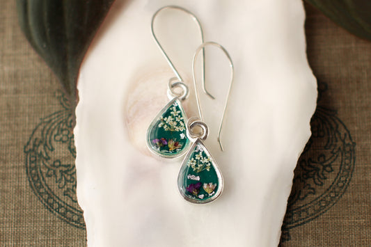 Dark Green Teardrop with Flowers Earrings in Silver