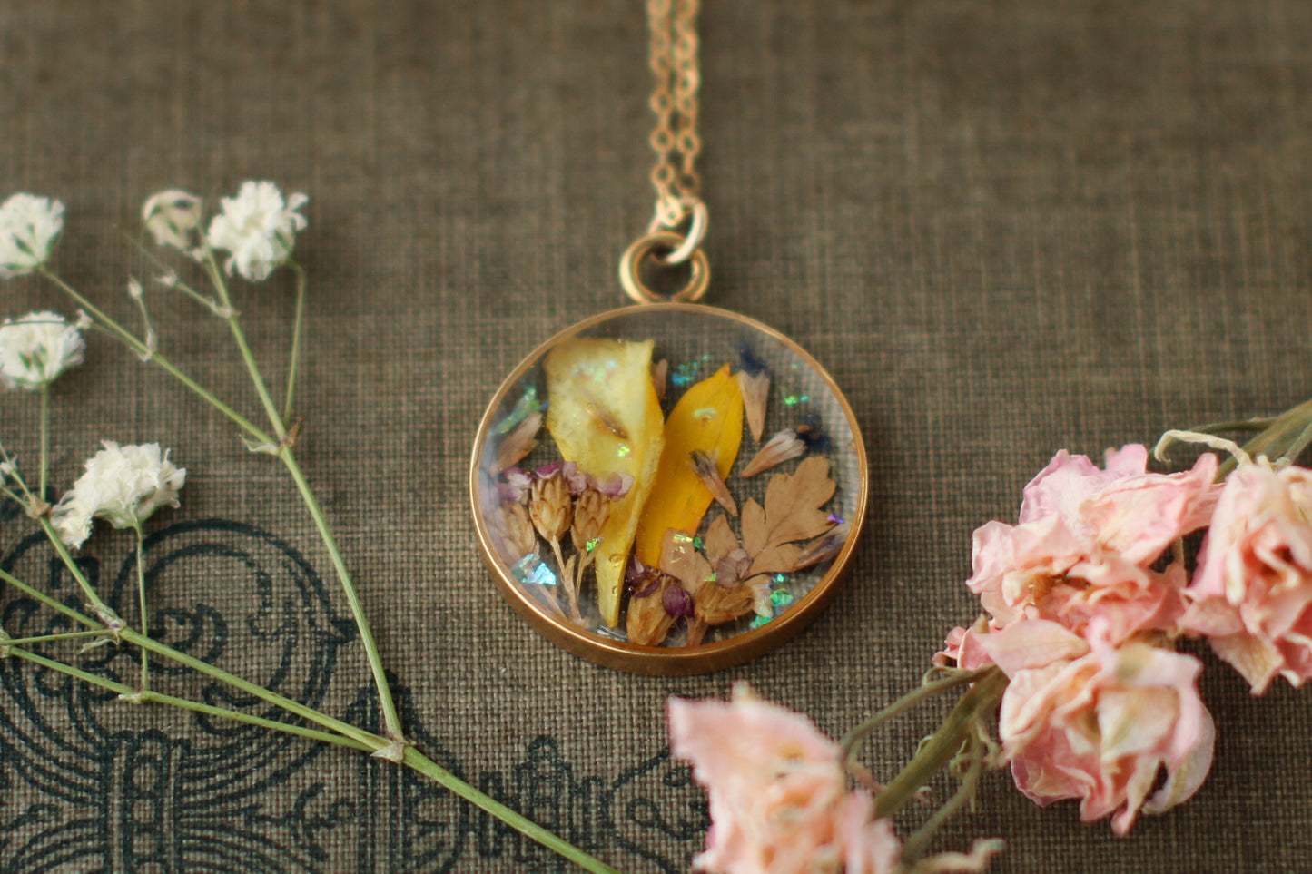 gold custom resin necklace flower preservation 