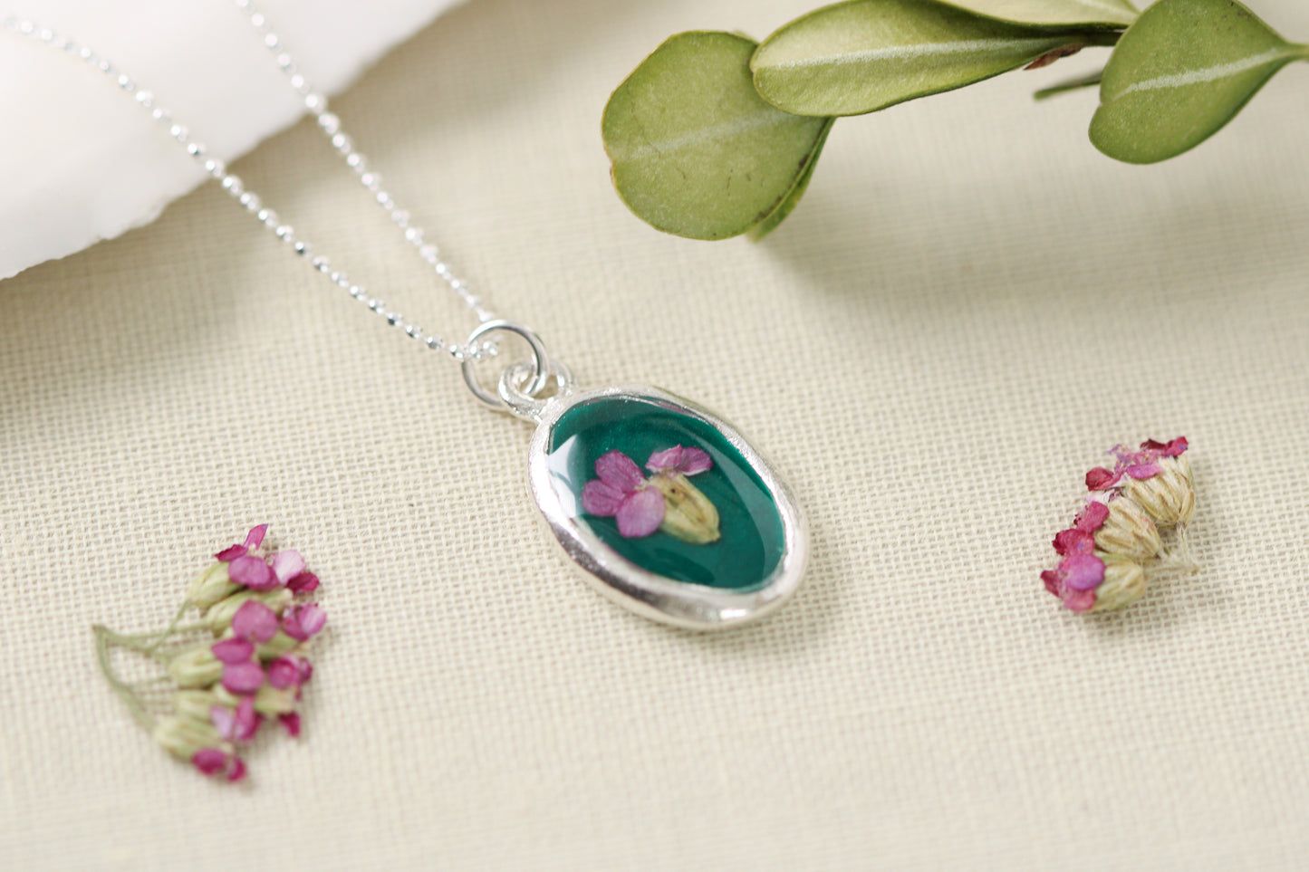Green and Silver Oval Necklace with Purple Yarrow Flower | Handmade Resin and Flower Necklace