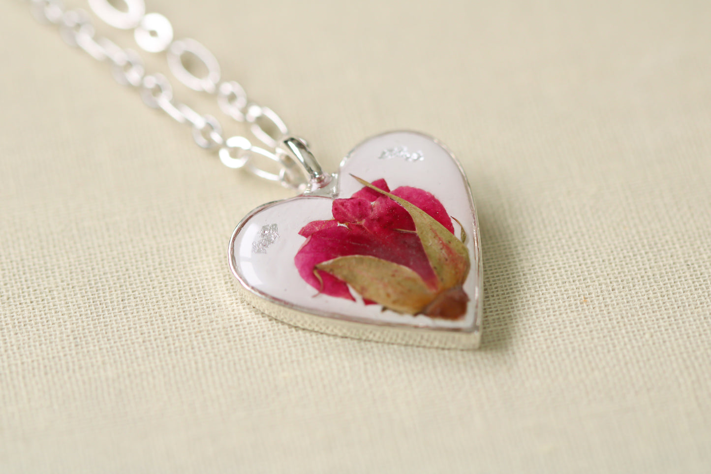 handmade silver heart necklace with red rose
