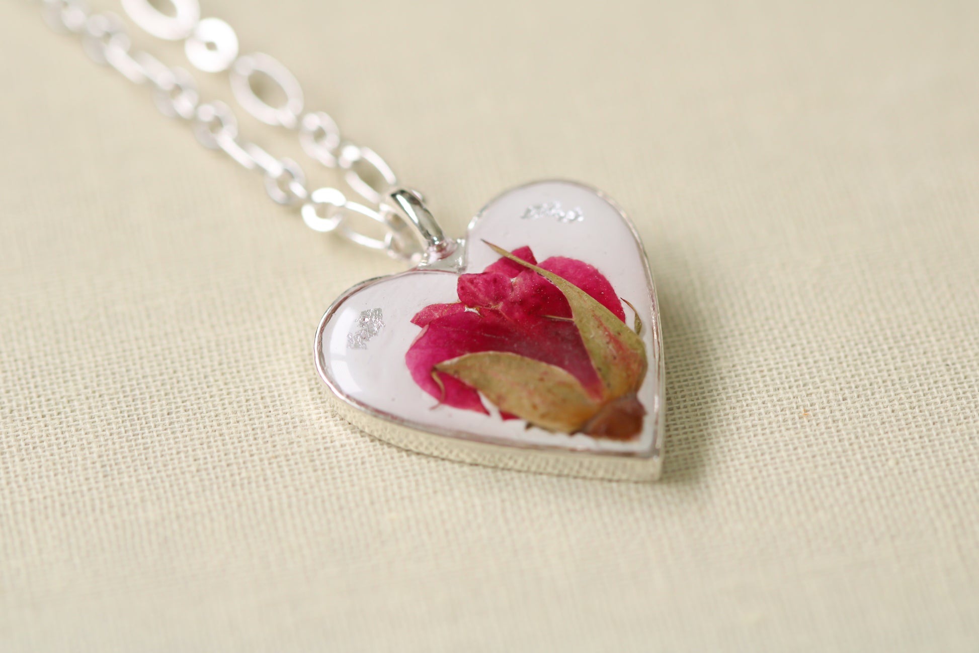 handmade silver heart necklace with red rose