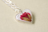 handmade silver heart necklace with red rose