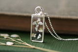 Silver Mini Rectangle Necklace with White Flowers