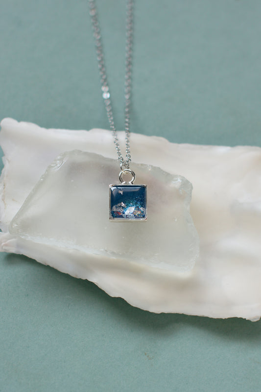 Blue Shimmer Tiny Square Pendant Necklace