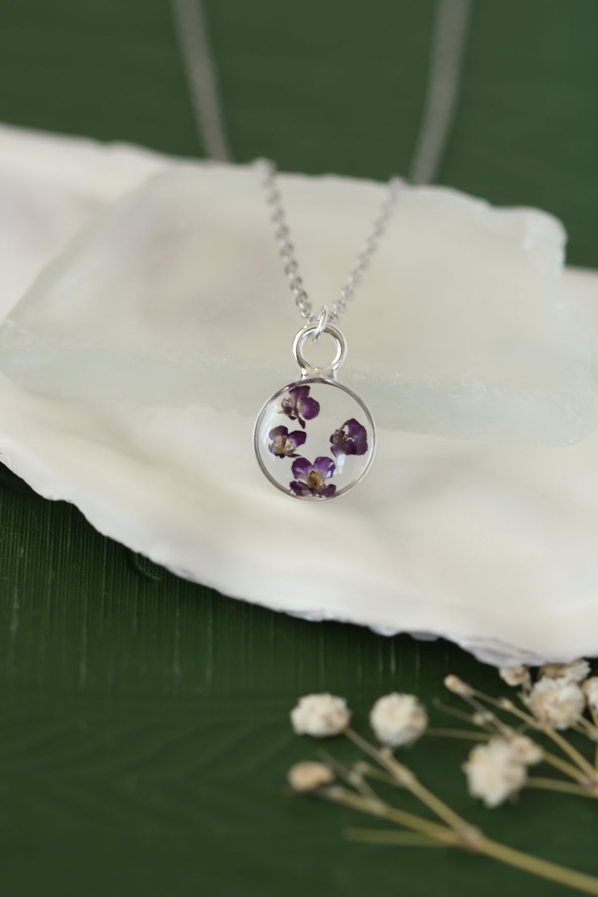 Silver Mini Circle Necklace with Purple Flowers