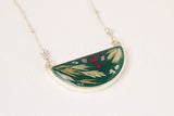 Dark Green Half Moon Botanical Necklace in Silver
