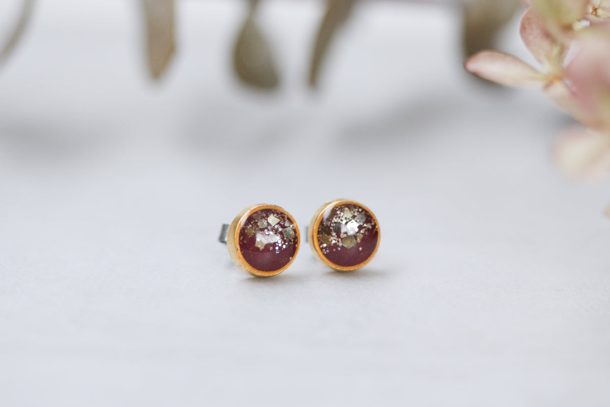 Gold and Burgundy Stud Earrings with gold glitter, made with clay and resin, stainless steel posts