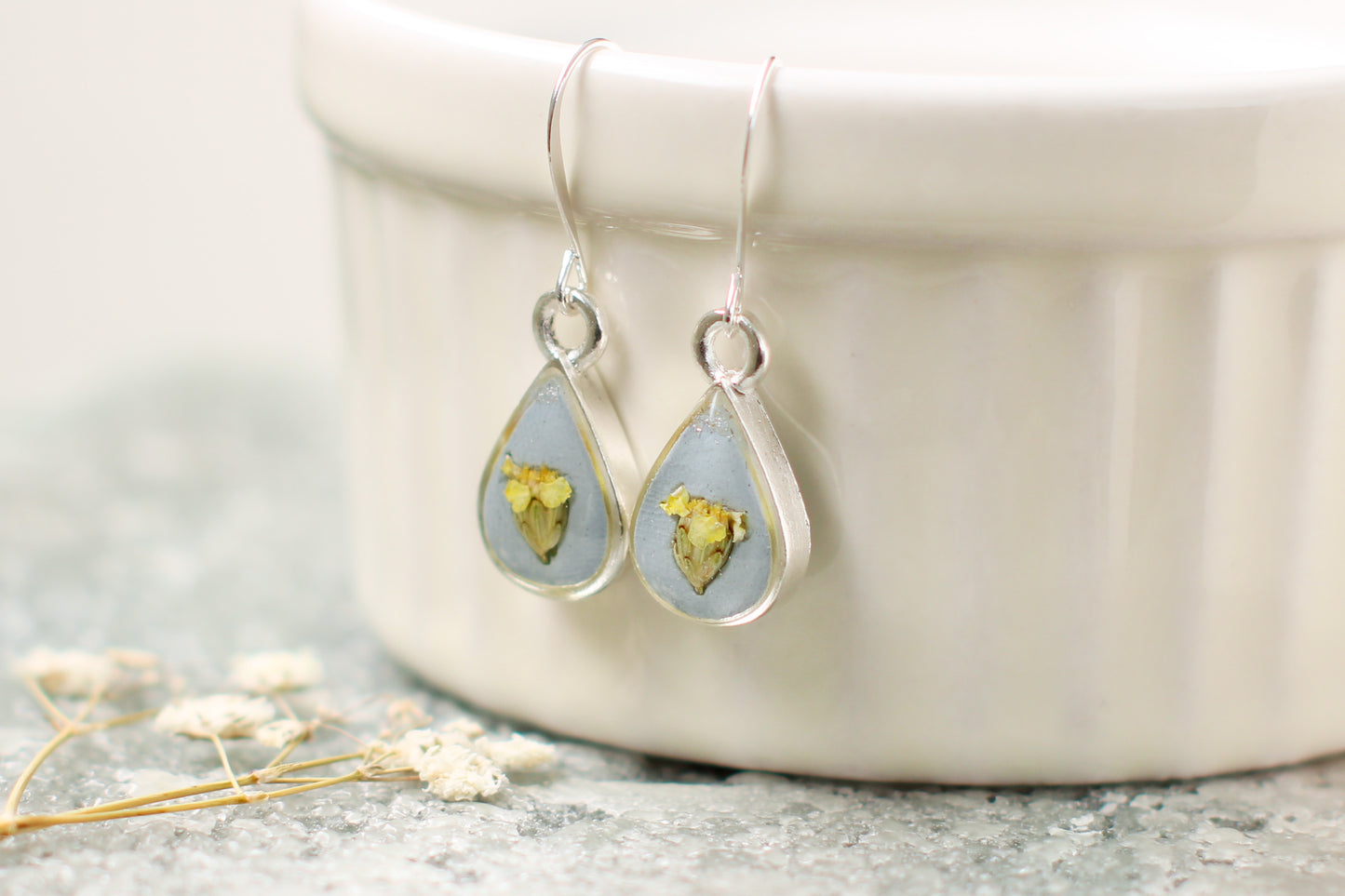 Light Blue and Silver Teardrop Earrings with Yellow Yarrow | Handmade Resin and Flower Earrings