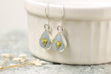 Light Blue and Silver Teardrop Earrings with Yellow Yarrow | Handmade Resin and Flower Earrings
