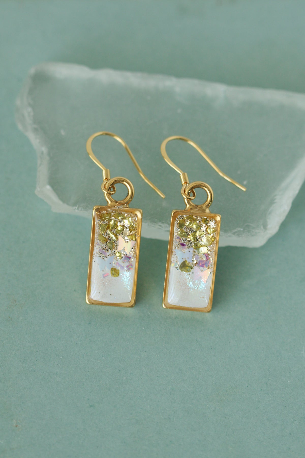 Gold Glittery Rectangle Earrings with Butterflies