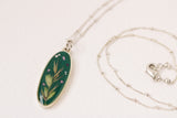 Dark Green Oval Botanical Necklace in Silver