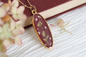 Burgundy and Gold Long Oval Pendant with Flowers