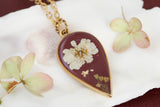 Burgundy and Gold Large Pendant Necklace with Feverfew and Flowers