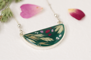 Dark Green Half Moon Botanical Necklace in Silver