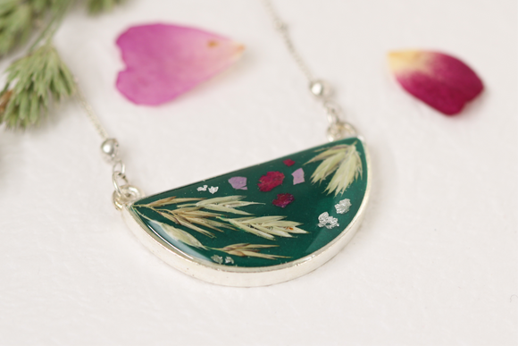 Dark Green Half Moon Botanical Necklace in Silver