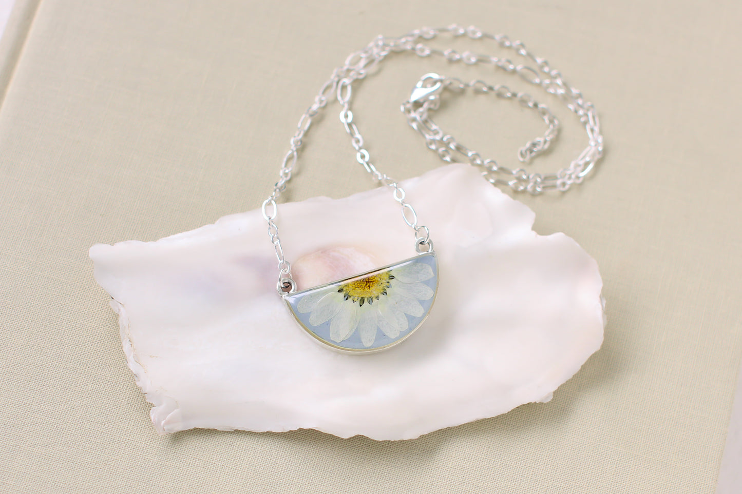 Light Blue and Silver Daisy Half Moon Necklace | Handmade Resin and Flower Necklace