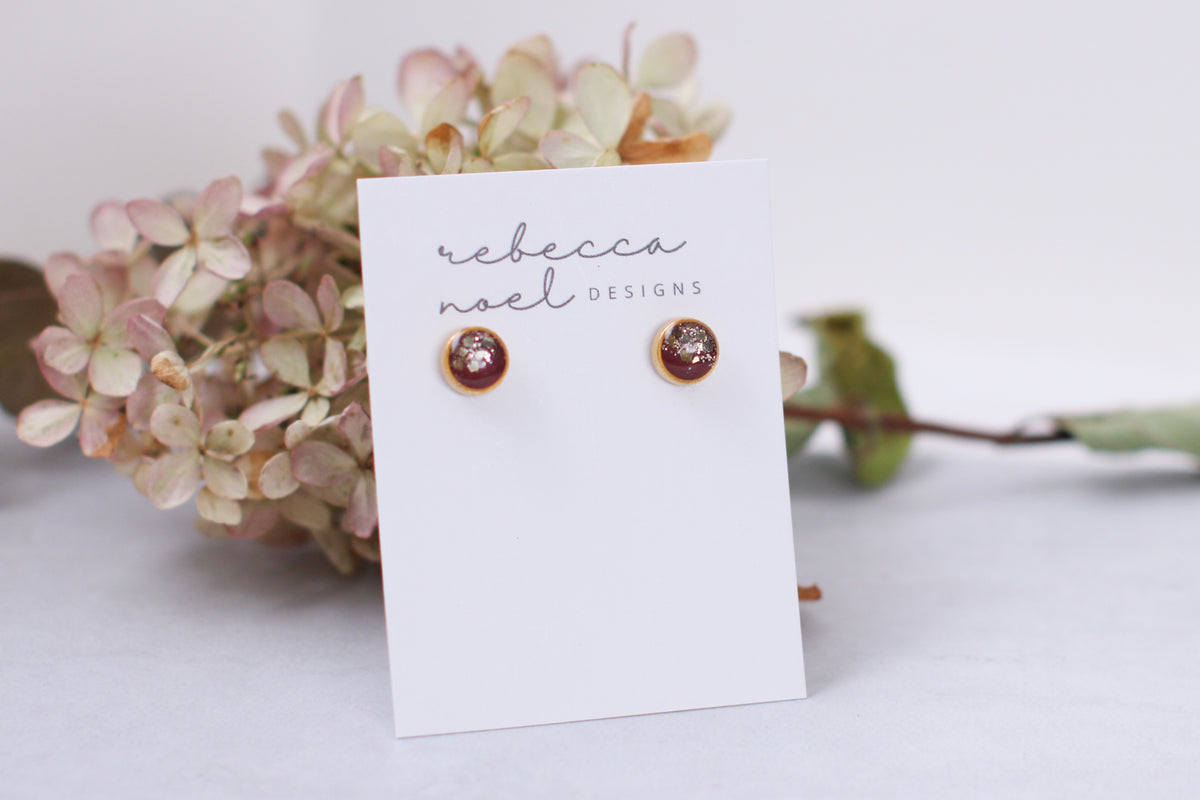 Burgundy and Gold Glitter Stud Earrings